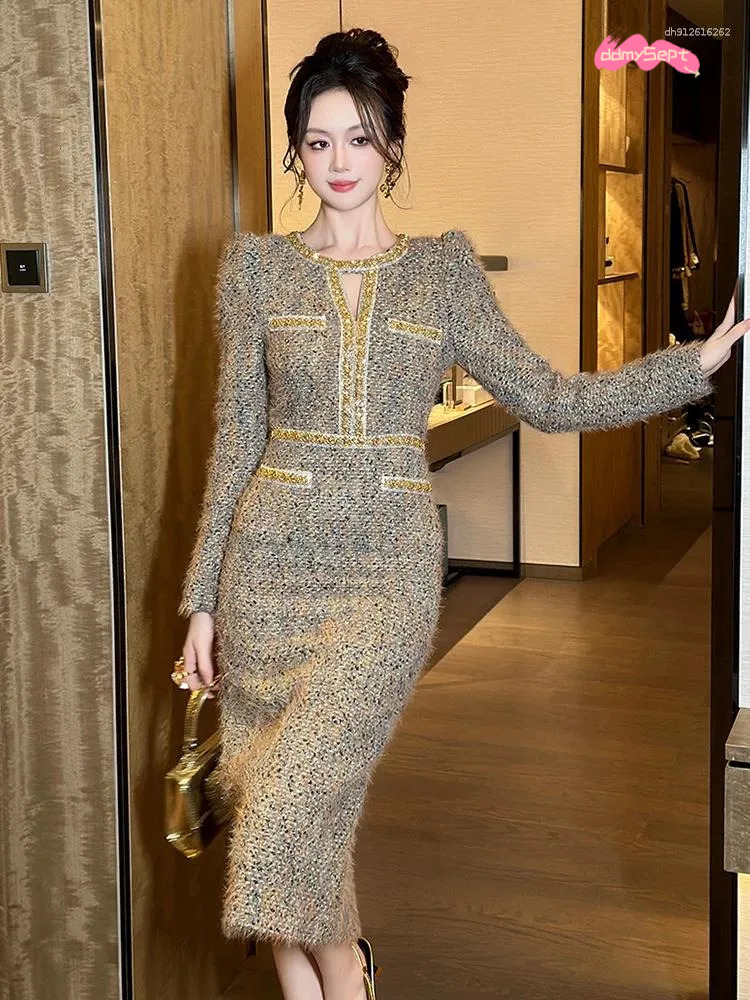 Two Piece Dress Women Clothes Vintage Tweed Hollow Sexy O-Neck Slim Midi Pencil Elegant Fashion Evening Party Vestidos Formal Ocn ddmythur