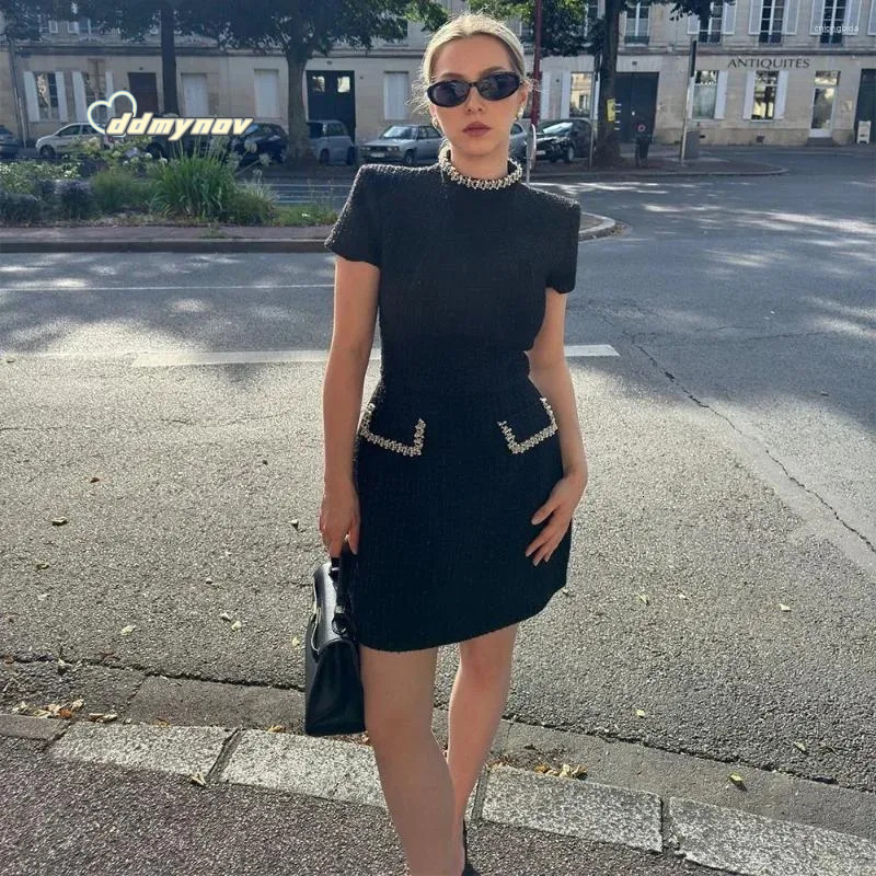 Two Piece Dress Talenza Women's Elegant Tweed A-Line Solid Slim Fit Short Sleeve Retro O-Neck Patchwork Evening ddmynov