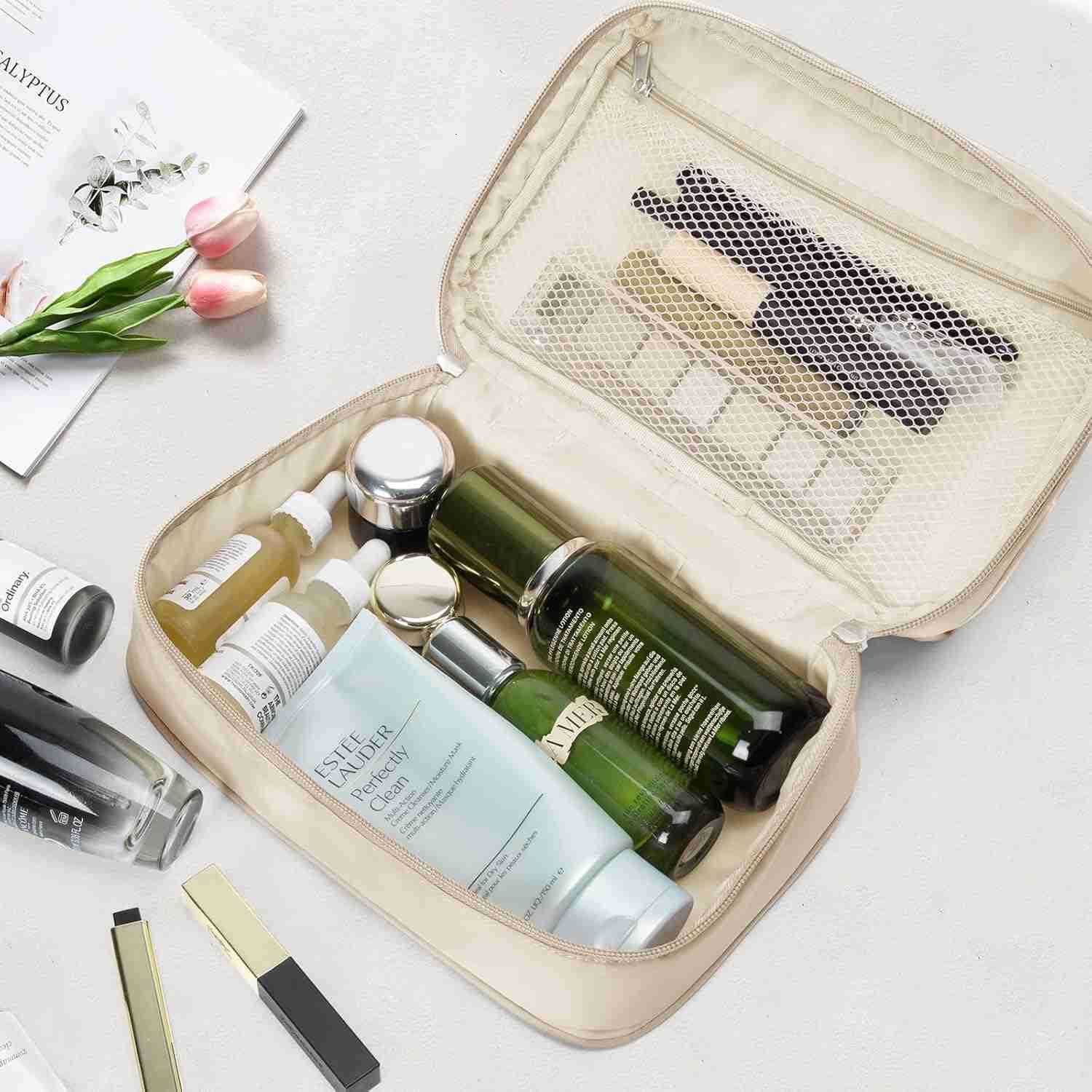 Travel Cosmetic Bag Women Portable Makeup Case Organizer Wideopen Toiletry Pouch for Cosmetics Toiletries khakiW250913
