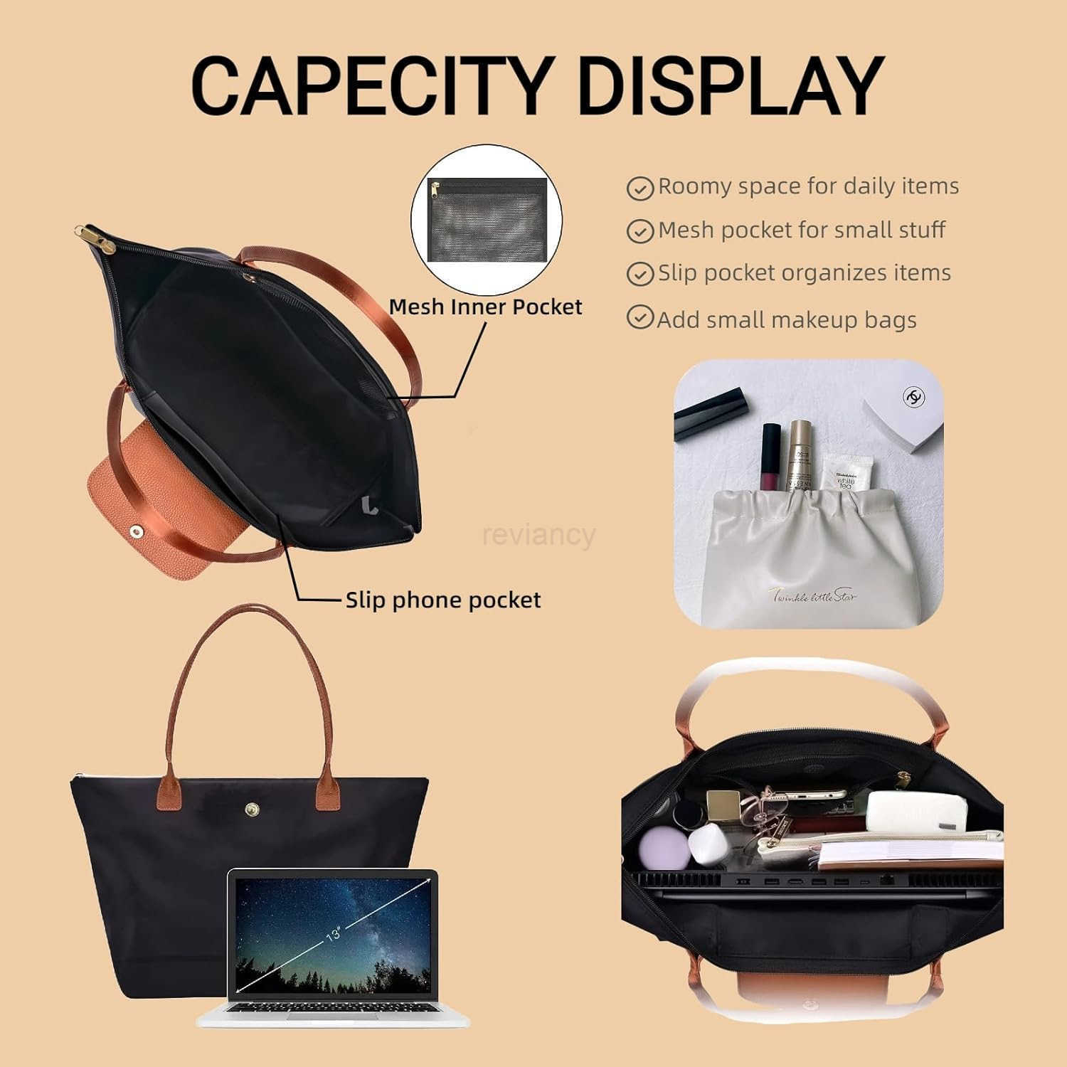 Nylon tote bag for women with makeup bagFoldable handbag for women with zipper Weekend large TopHandle shoulder Hobo purseW250913