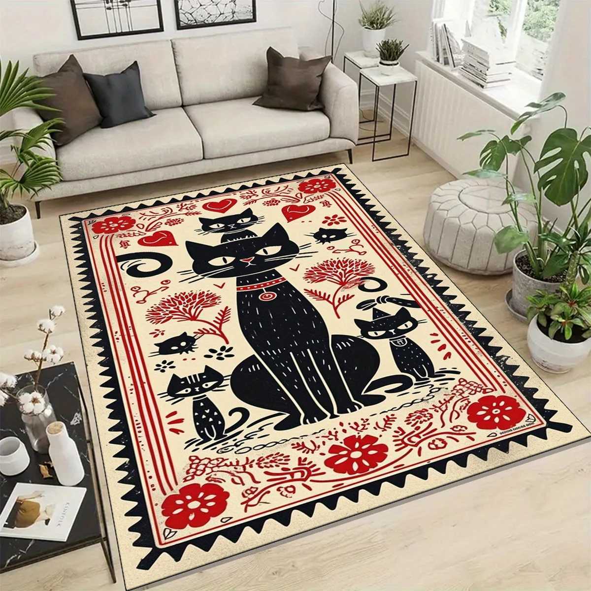 Large Black Cat Pattern Area Rug NonSlip Washable Polyester Carpet with Vibrant Red White Accents for Bedroom Study Dini C250913
