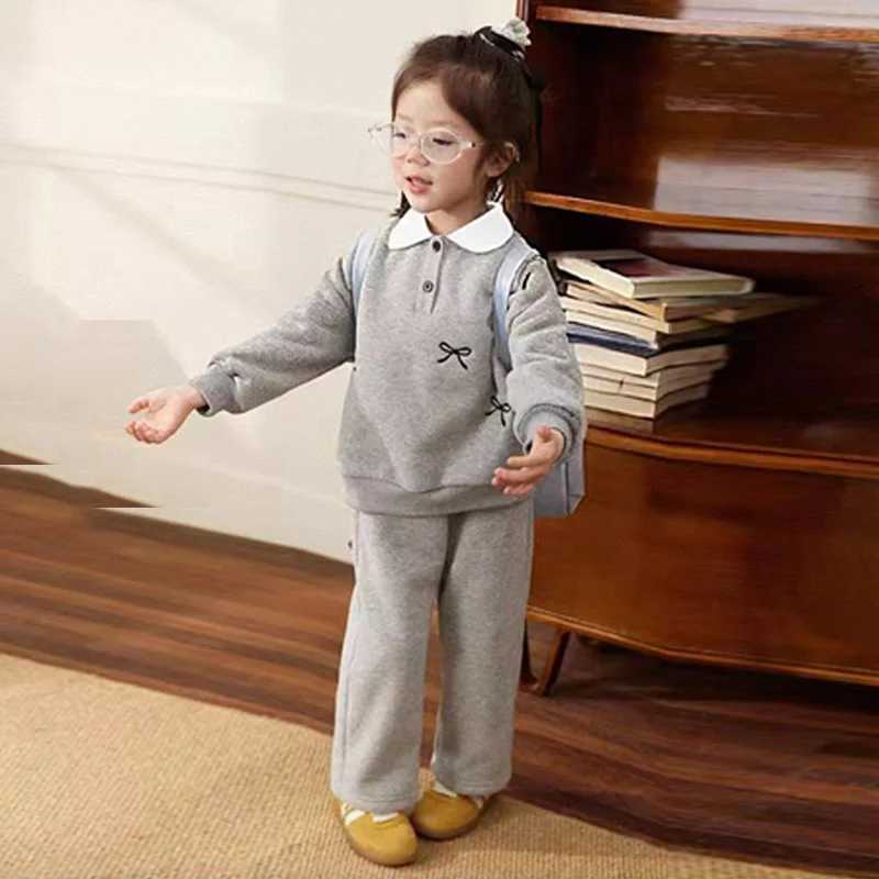 Girls Autumn Sets Childrens Fleece Sweatshirt Suits Kids Winter Bow PulloverPants 2Pcs Outfits Baby Teenager Fashion Clothing C250913
