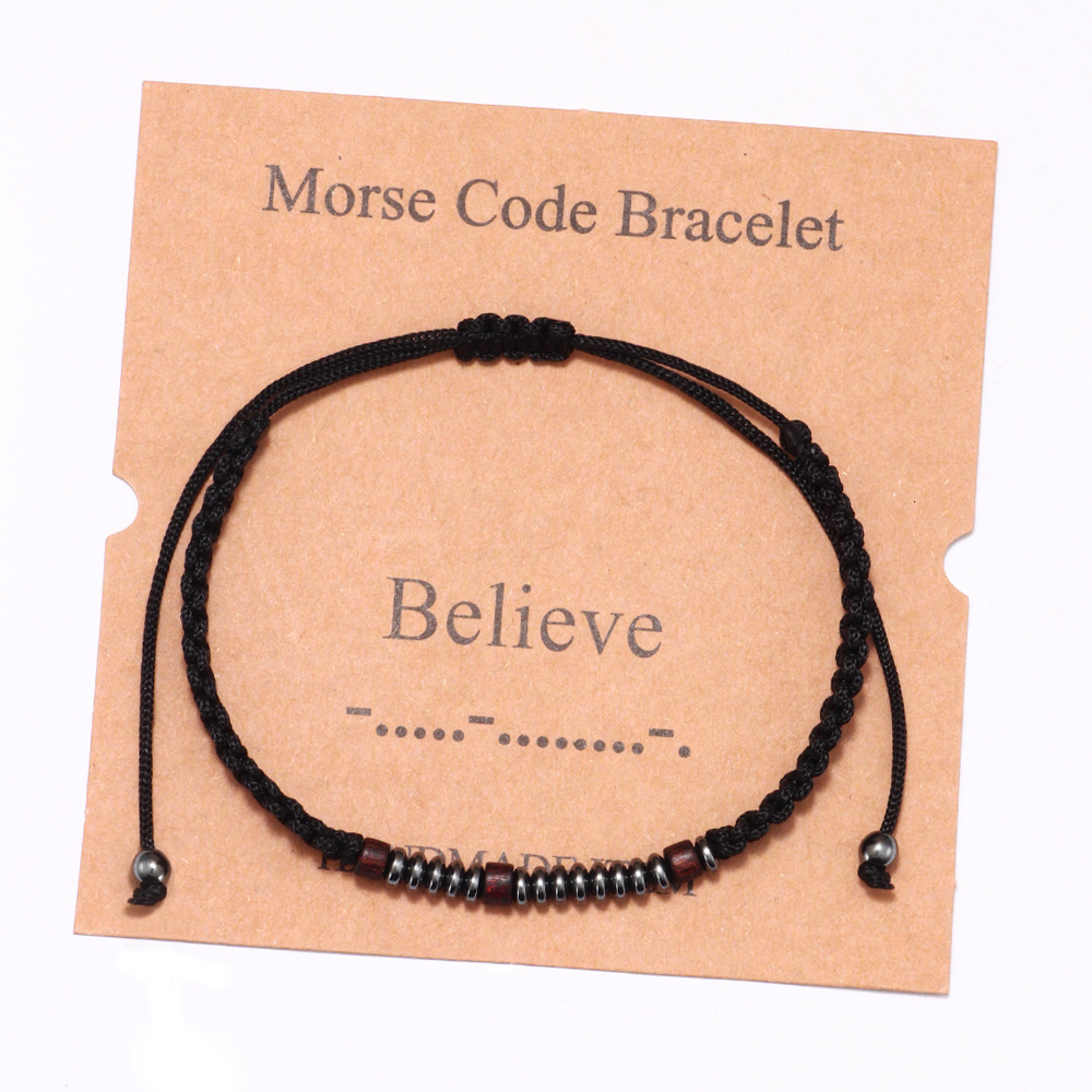 Hand-woven Morse Code Black Gallstone Wooden Bead Couple Alphabet Number Combination Bracelet for Men ddmymoon
