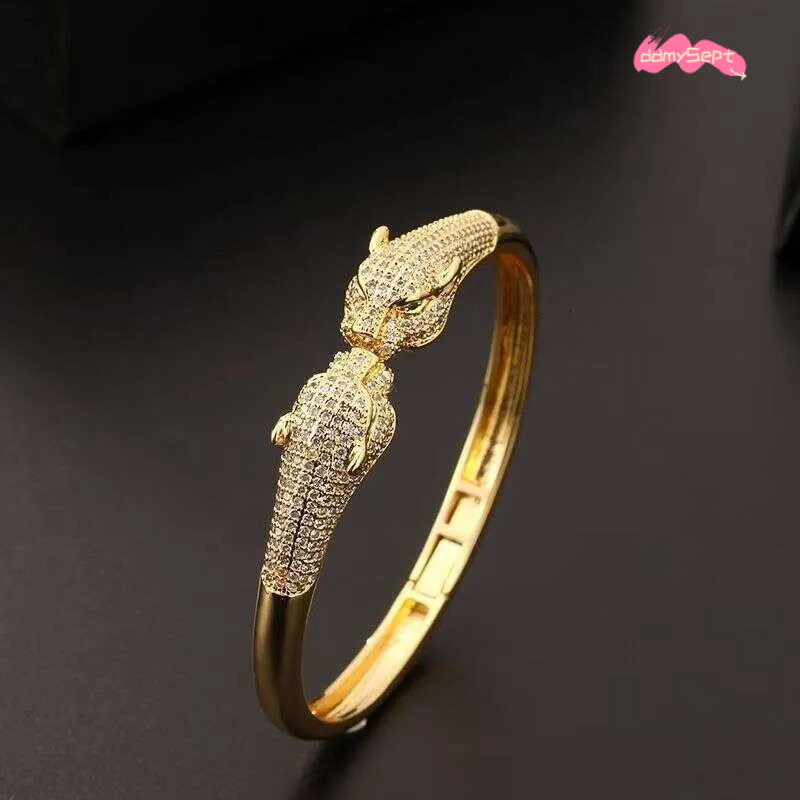 Leopard Print Open Cuff Bracelet - Gold Plated Hip Hop Bangle with Zircon Stones | Animal Jewelry for Women & Men ddmythur