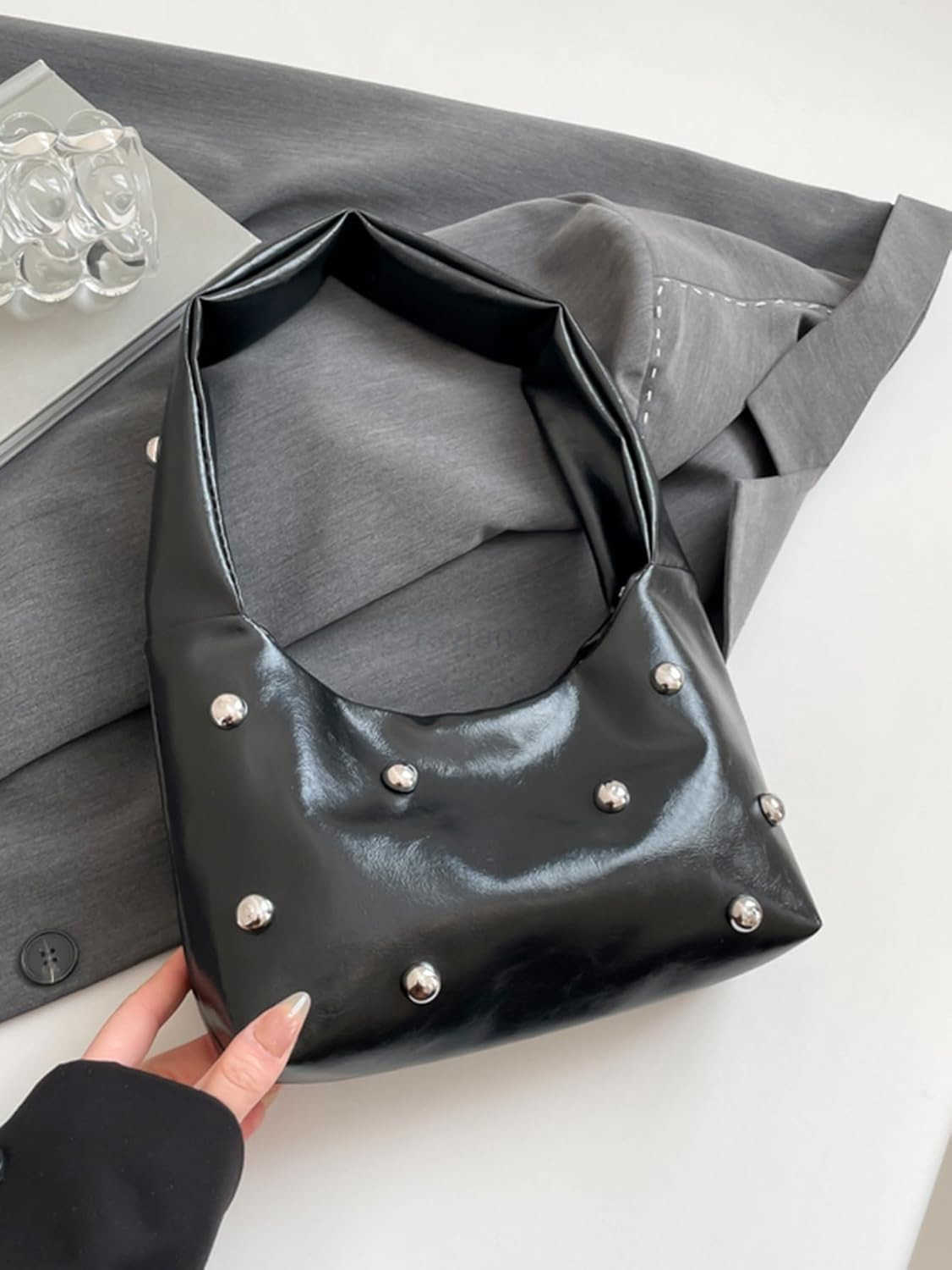 Womens Punk Studded PU Leather Shoulder Bag Top Handle Underarm HandbagsW250913