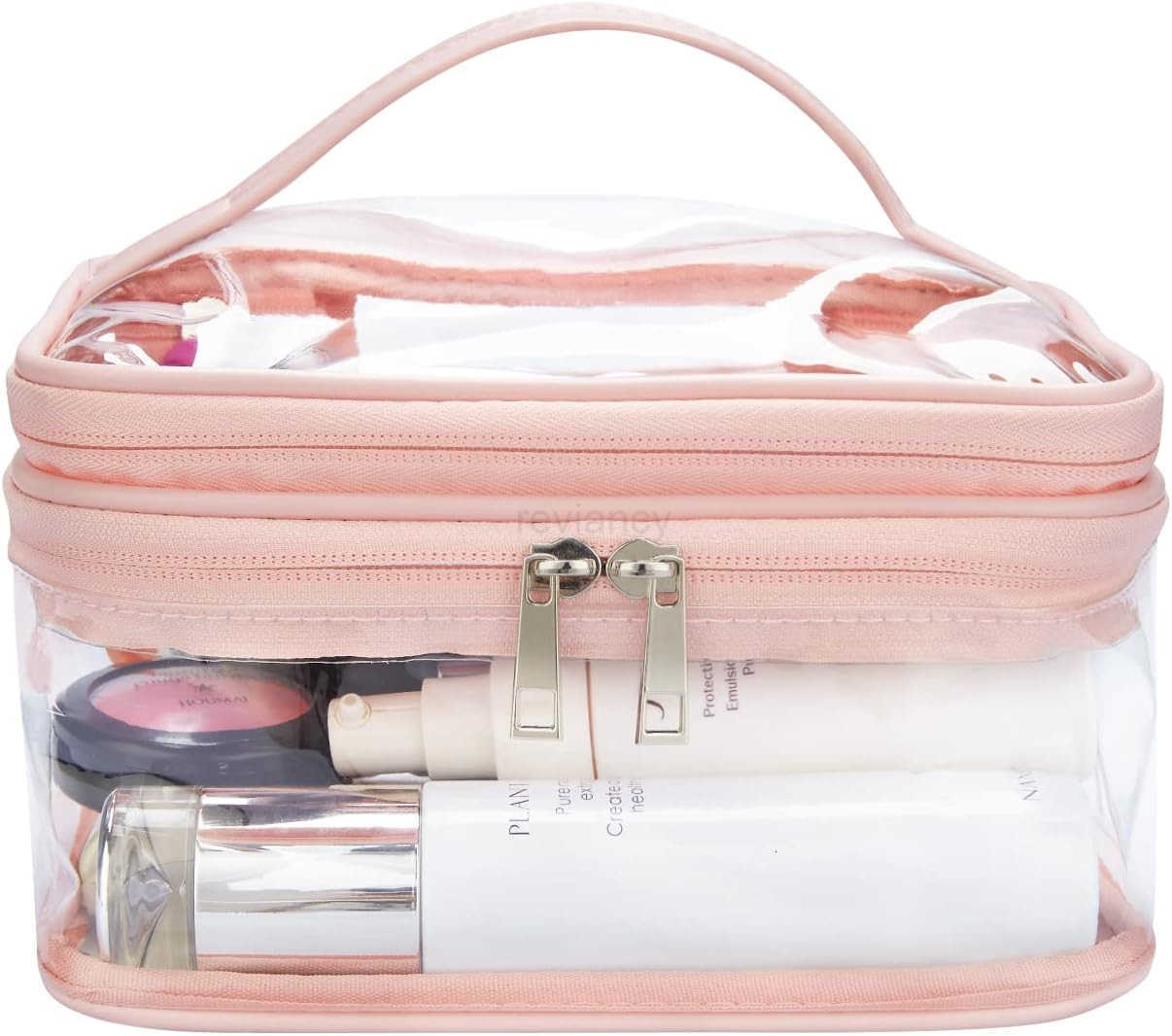 Double Layer Clear Cosmetic Bag Makeup Bag Waterproof Travel Toiletry Bag Transparent PVC Hair Nail Accessories Pouch Beach Bag Organizer PinkW250913