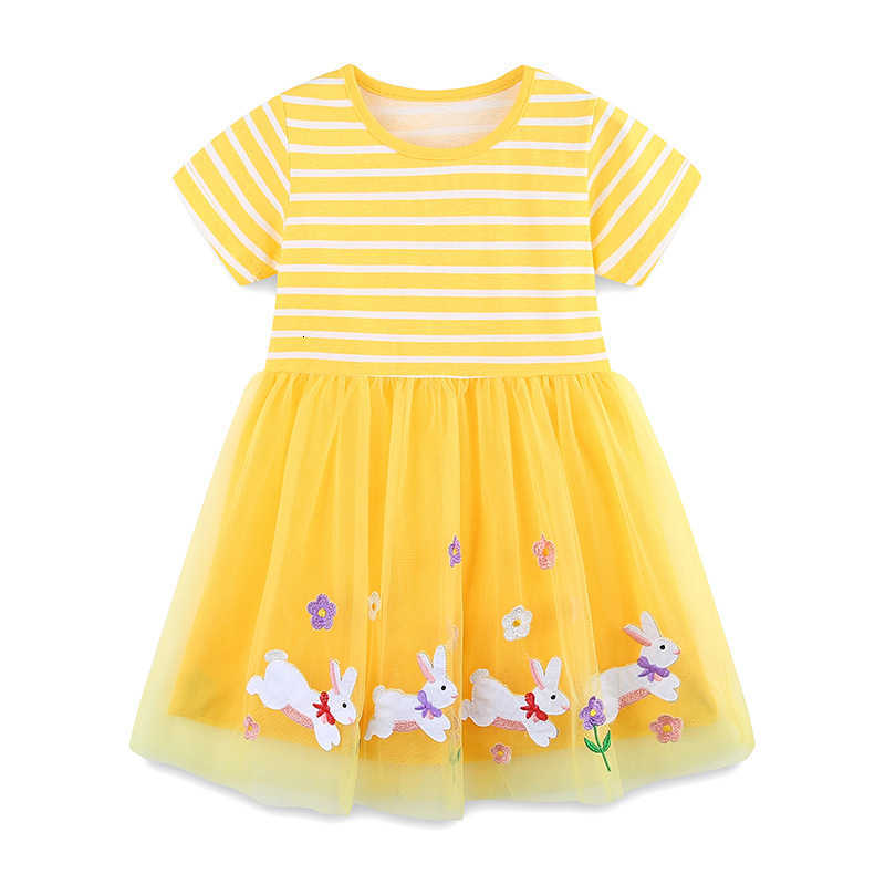 Girl's Dresses 25 Summer Girls Dress fashion Bunny Embroidered Mesh Princess Dress Wind Stripe Stitching Short Sleeve Children's Dress