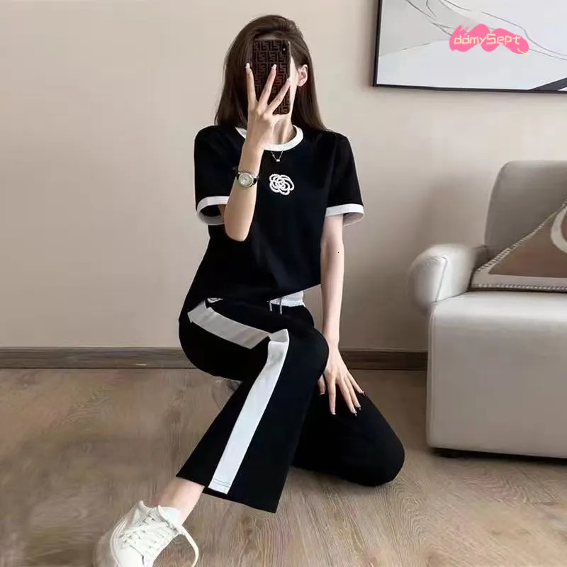 Designer Casual Sports Suit For Women Summer Thin Street Fashionable Trendy Youthful Wide-Leg Pants Fashion Two-Piece Set ddmythur