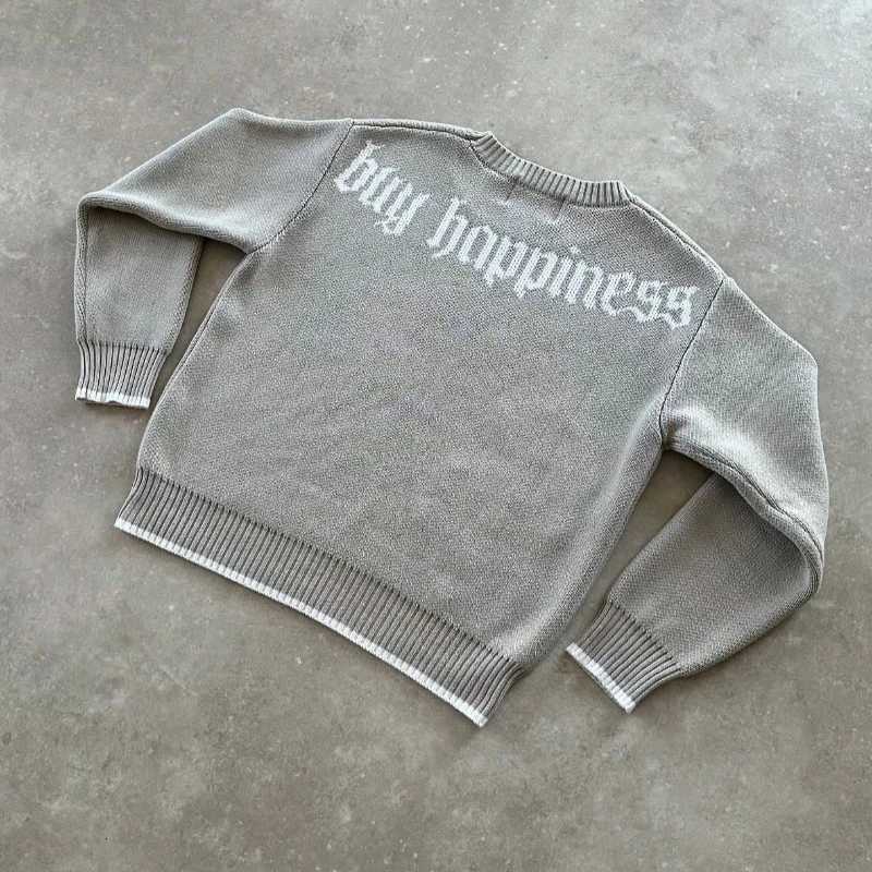 Y2K Round Neck Gray Knitted Sweater New Popular Symbol Pattern Retro Harajuku Pullover Autumn Winter Warm Boxy Mens Clothing W250905