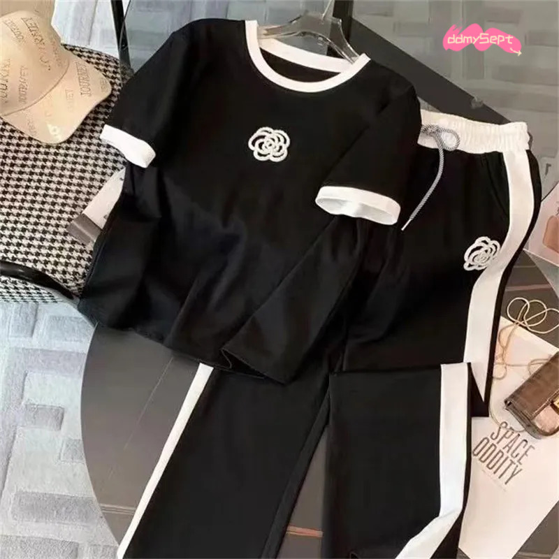 Designer Casual Sports Suit For Women Summer Thin Street Fashionable Trendy Youthful Wide-Leg Pants Fashion Two-Piece Set ddmythur