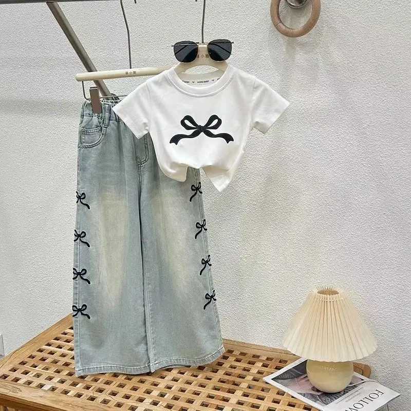 Girls Summer Thin Set Teenage Girls Wide Leg Jeans Tshirt 2piece Summer Childrens Clothing Set C250913