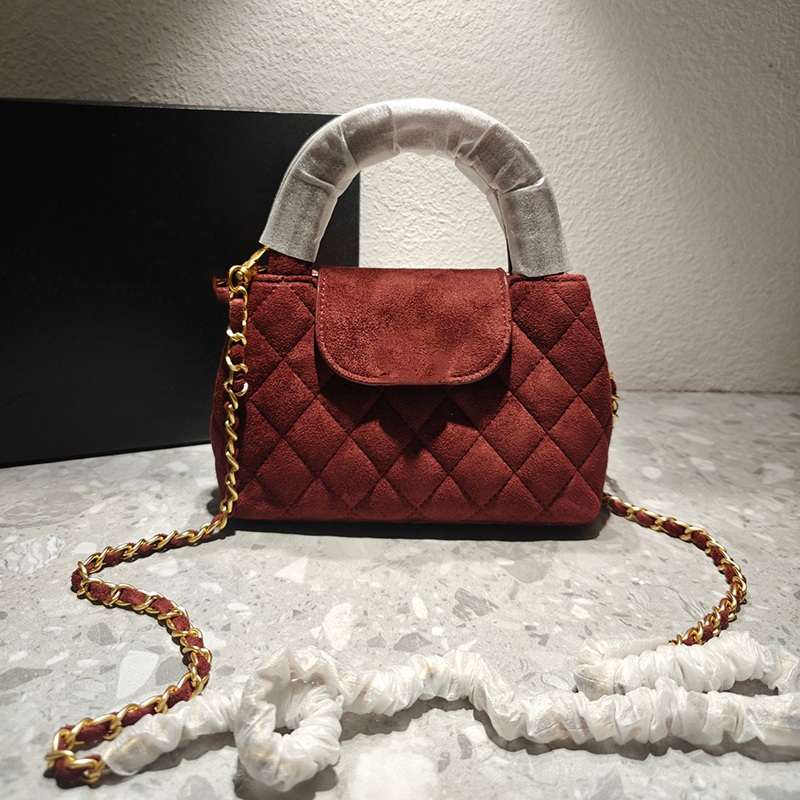 25k Vintage Suede Handbag Designer Ladys Shoulder Bag Genuine Leather Checkered Pattern Gold Hardware Metal Buckle Semi Round Handle Crossbody Evening Bags 20cm