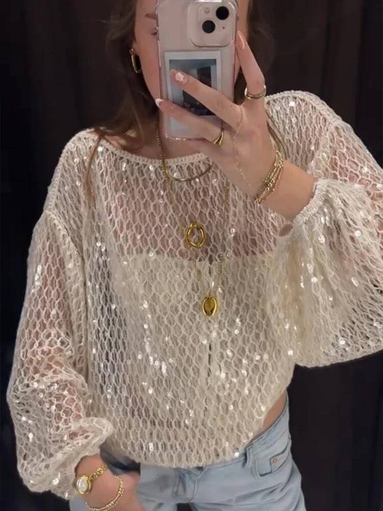 Summer Round Neck Sequin Knitting Blouse Chic Women's Knitted Long Sleeve Pullover Female Crocheted Vacation Tops High Street dongdumaoyi
