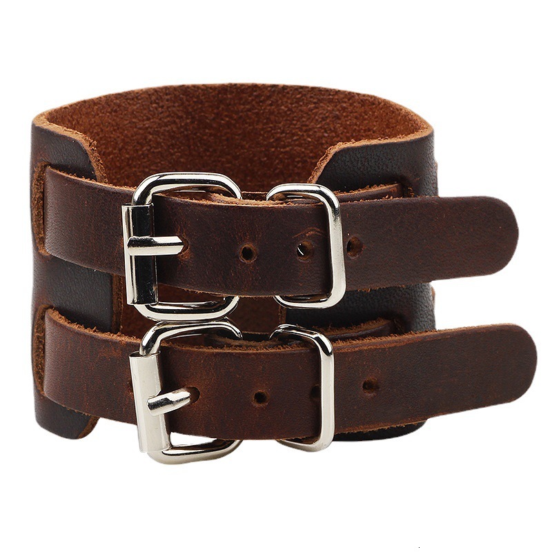 Temu Genuine Wide Leather Double Buckle Bracelet Men's High-end Punk Style Wristband ddmymoon