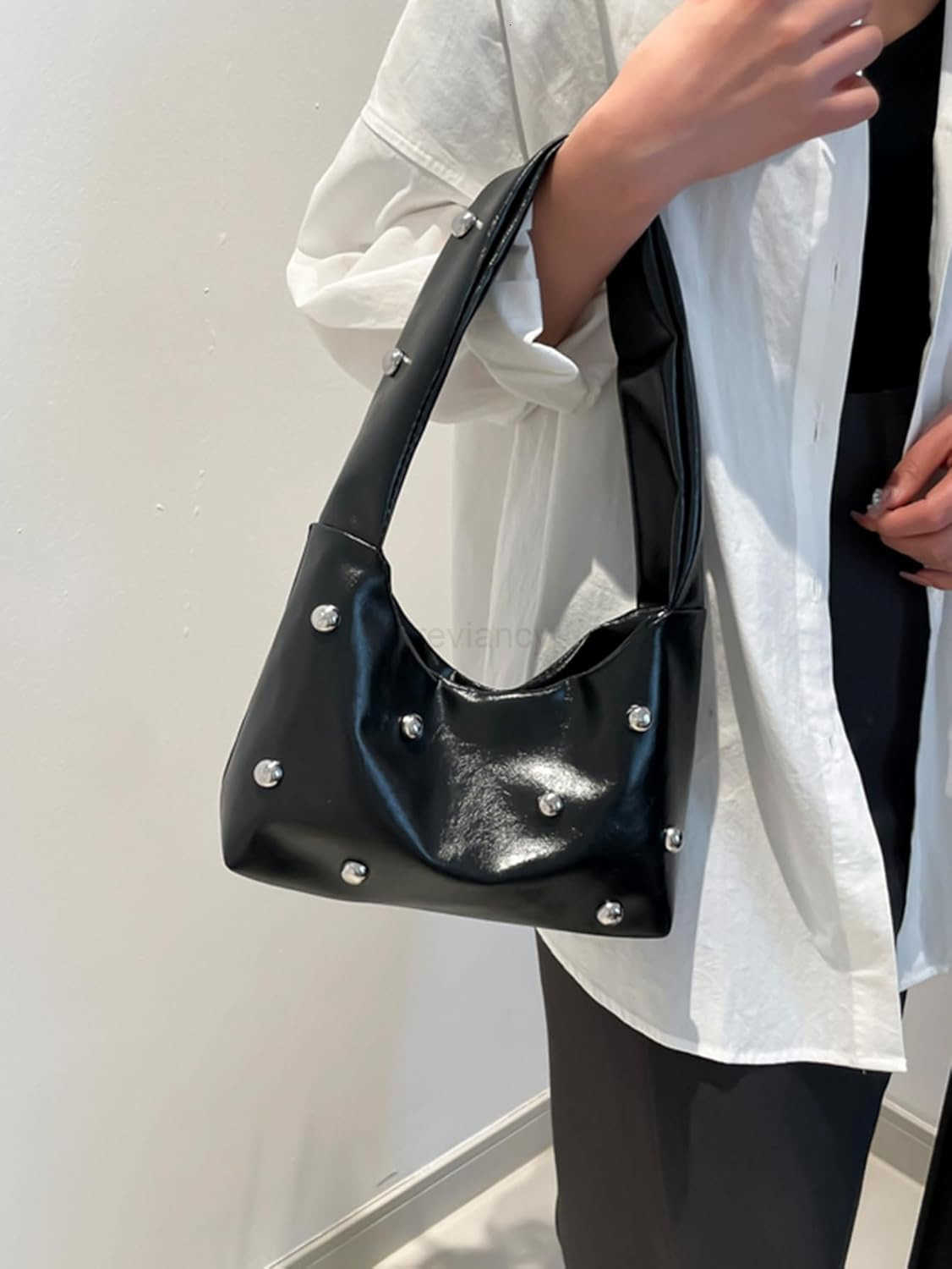 Womens Punk Studded PU Leather Shoulder Bag Top Handle Underarm HandbagsW250913