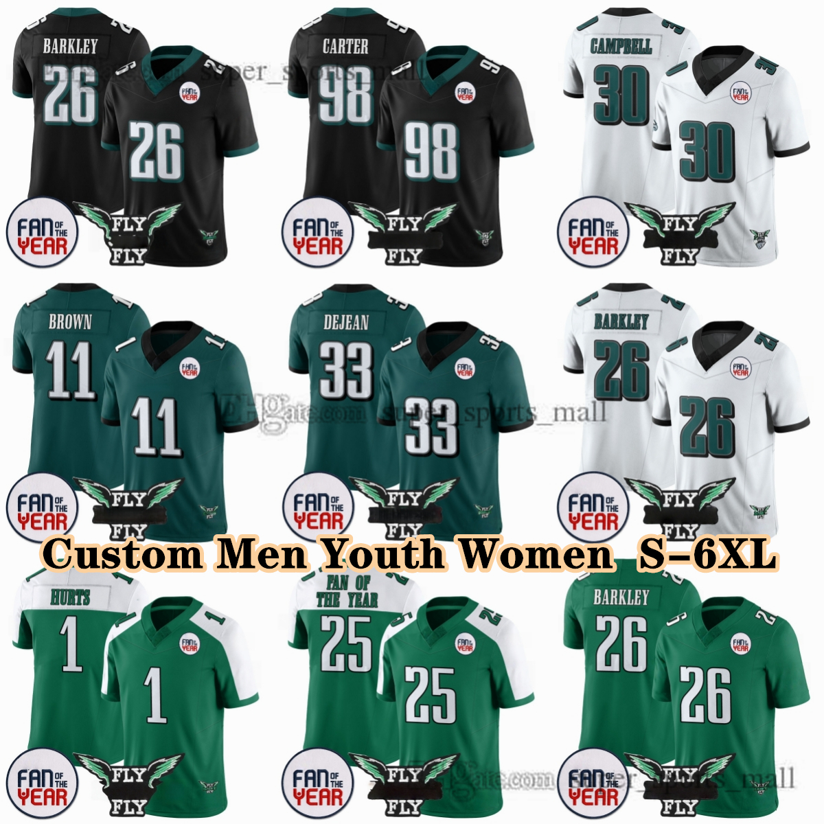 Custom DIY S-6XL 26 Saquon Barkley College Football Jerseys 1 Jalen Hurts 11 A. J. Brown 98 Jalen Carter 30 Jihaad Campbell 33 Cooper DeJean 25 Fan Of The Year