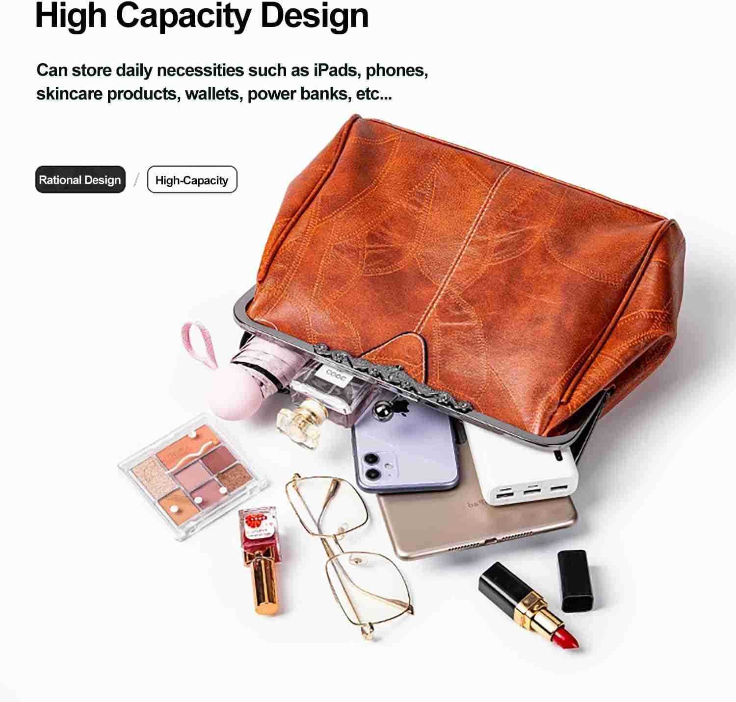 Women Vintage Hollow Handbag Oil Leather Shoulder Crossbody Bag Clutch Satchel Purse with Kiss Lock ClosureW250913