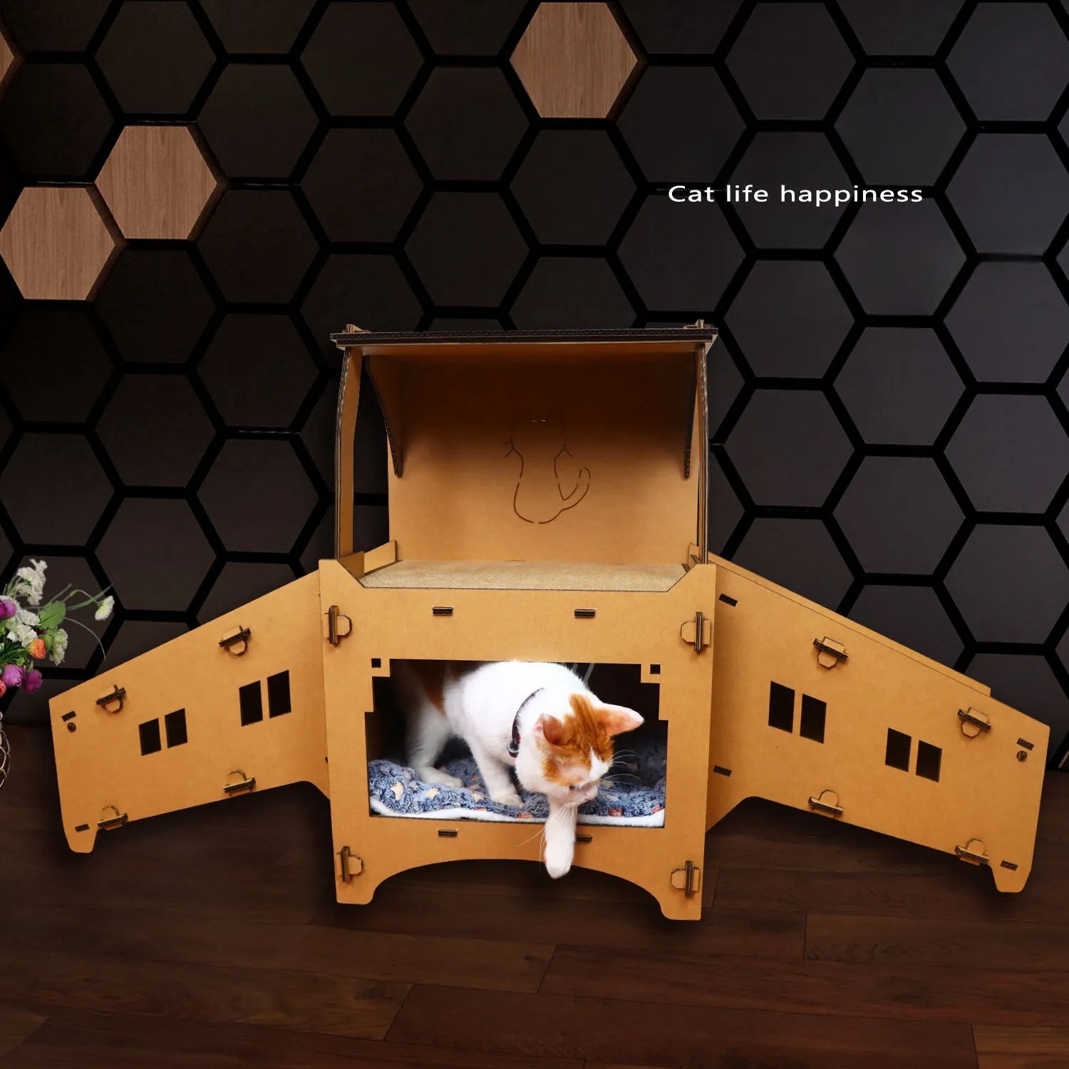 Cardboard Cat House Castle Playground, Multi-Level Cat Hideout Scratcher with Detachable Hanging and Spring Toys pet bed