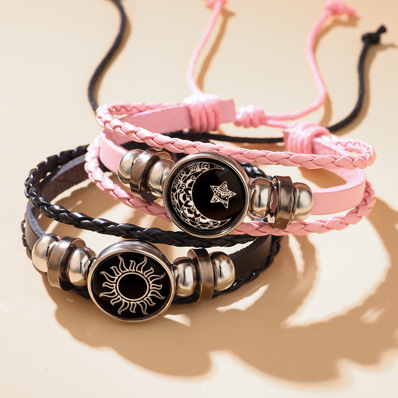 Hot Selling Sun Moon Lovers Time Leather Punk Multi-layer Beaded Braided Bracelet Couple Gift ddmymoon