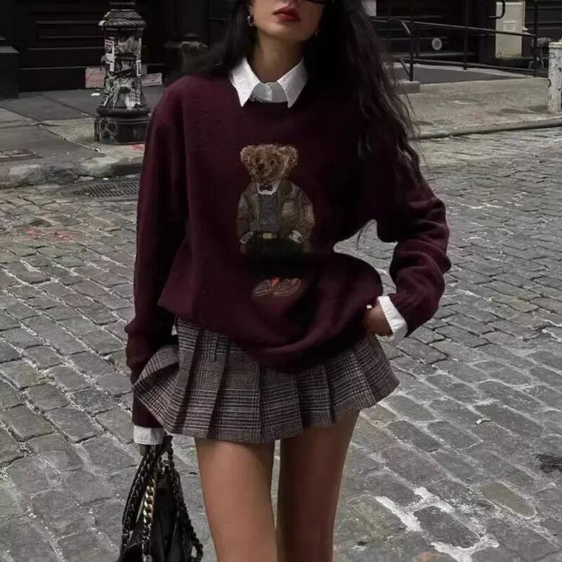 Zekye Winter Women's Clothing Bear Embroidery Round Neck Slim Fit Sweater Cartoon College Style Knitted Oversized Y2k dongdumaoyi