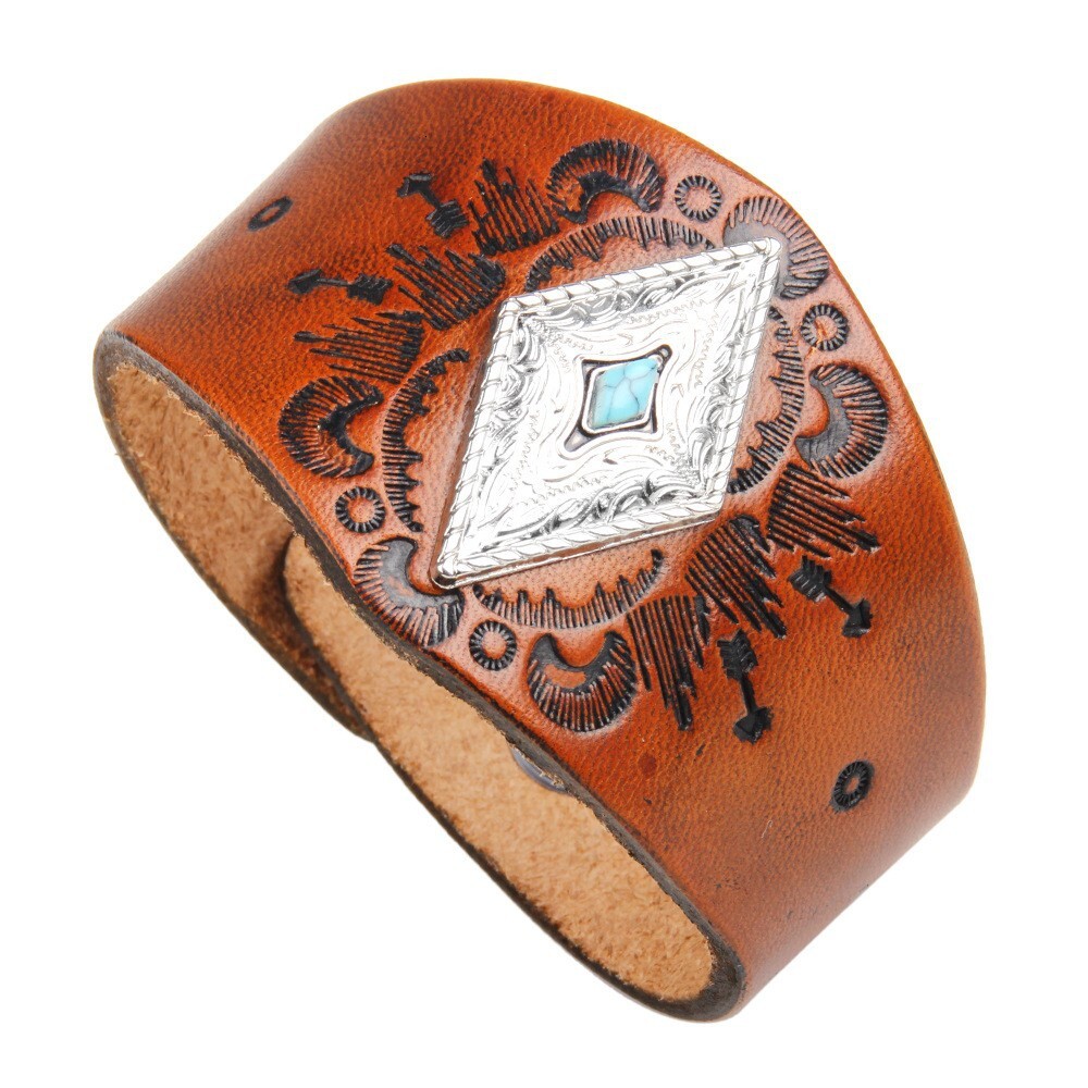 Cowhide Ethnic Style Emed Metal Triangle Blue Turquoise Leather Bracelet Trendy Men ddmymoon