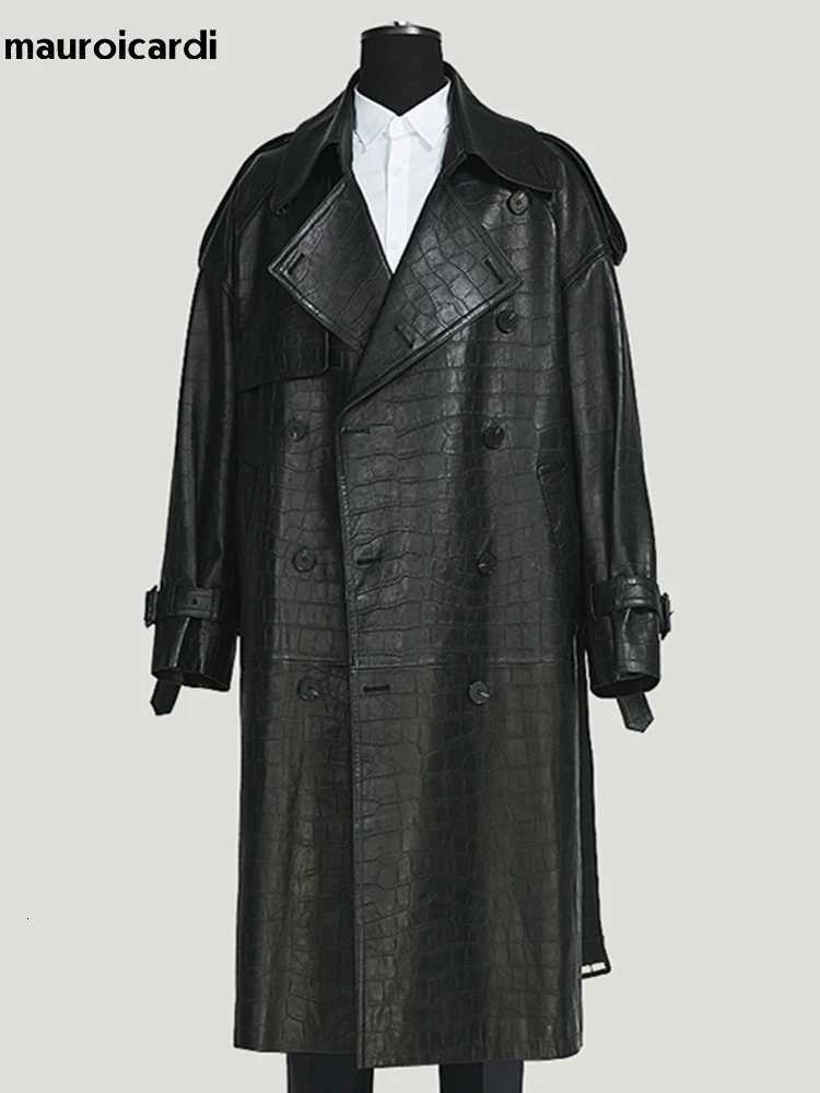 Mauroicardi Spring Autumn Long Black Crocodile Print Pu Leather Trench Coat Men Belt Double Breaste Runway European Fashion 2023 W250913