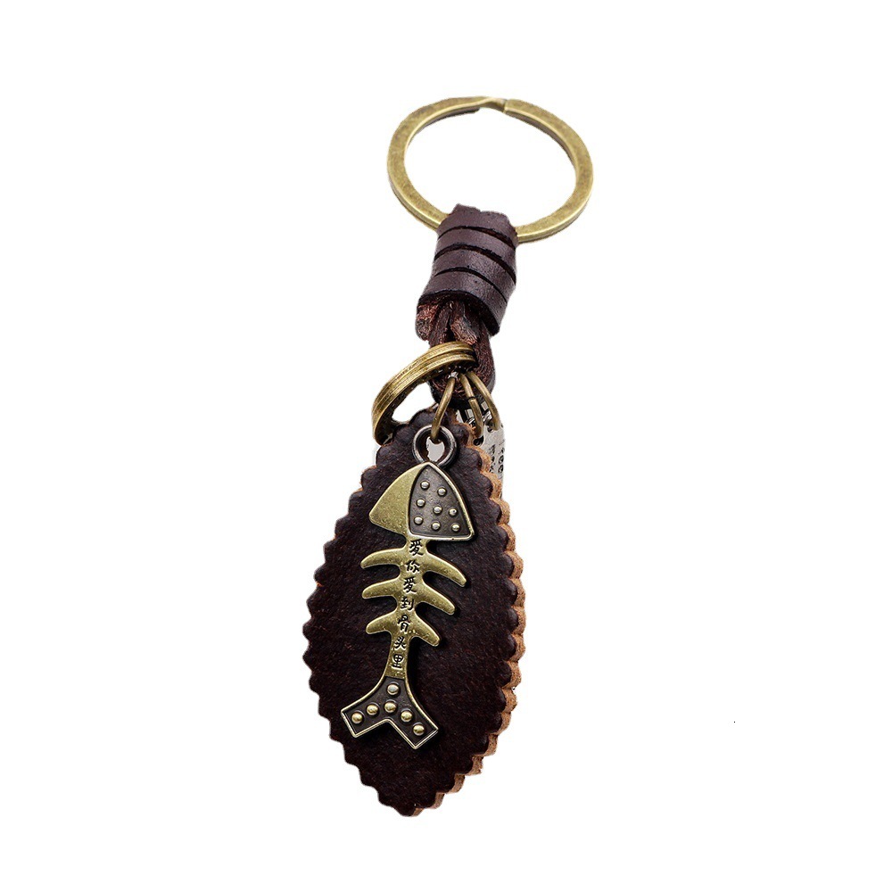 Fashion Fishbone Keychain Genuine Leather Punk Style Personality Key Trendy Accessories Hanging Ring ddmymoon