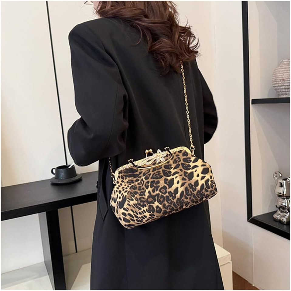 Evening Clutch Purse with Chain Cheetah Print Kiss Lock Evening Handbag and Purse Party Prom Evening Tote BagsW250913