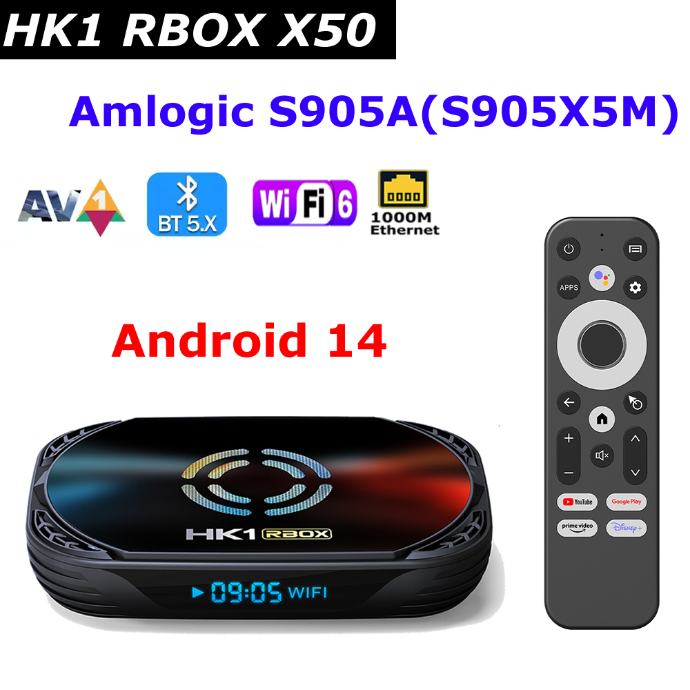 HK1 RBOX X50 Android 14 TV Box Amlogic S905X5M 4GB+128GB 1000M LAN WiFi6 4K UHD Smart Media Player with Active Cooling Fan/BT/Voice Control