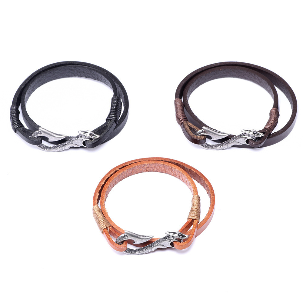 Cowhide Hand-Cut Woven Cord Metal Fish Hook Alloy Electroplated Antique Sier Leather Bracelet ddmymoon