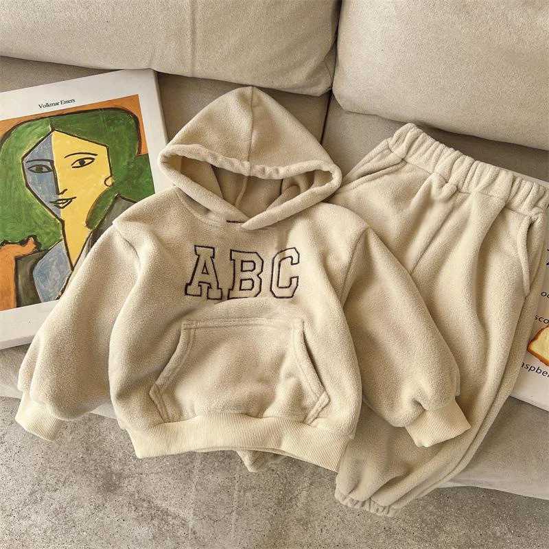 Children Autumn Winter Letter Plus Velvet Warm Hoodies Set Boy Girl Baby Fleece Thick TopsPants 2pcs Kid Cotton Sweatshirt Suit C250913