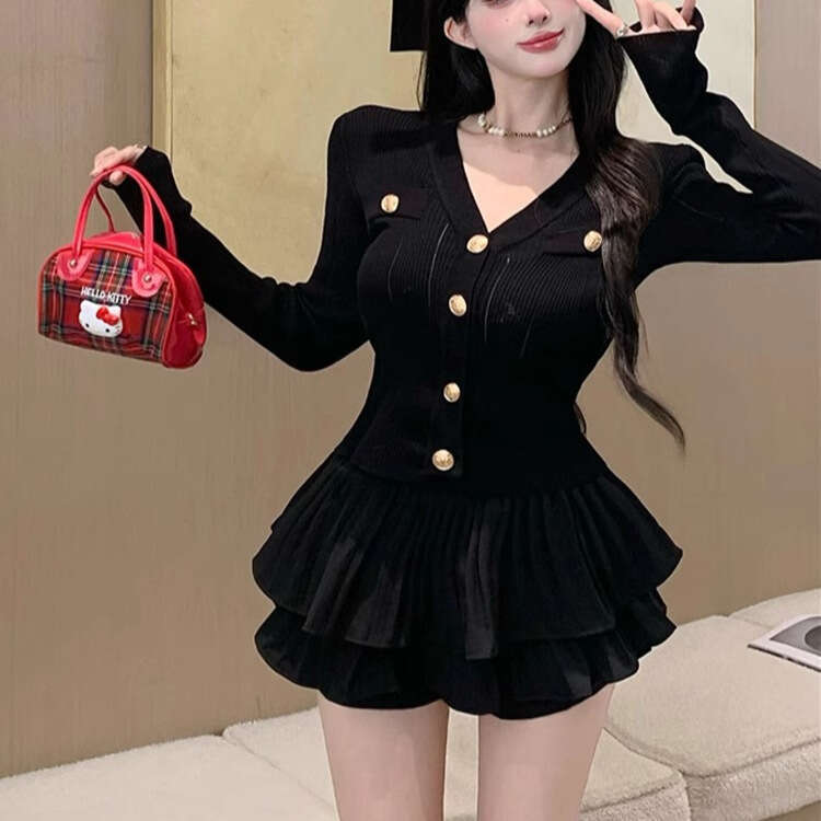 DHEssentials Chanel Style White Pure Desire Slimming Hot Girl Spring Summer New Long Sleeve Knitted Top and Half Skirt Two-Piece Set