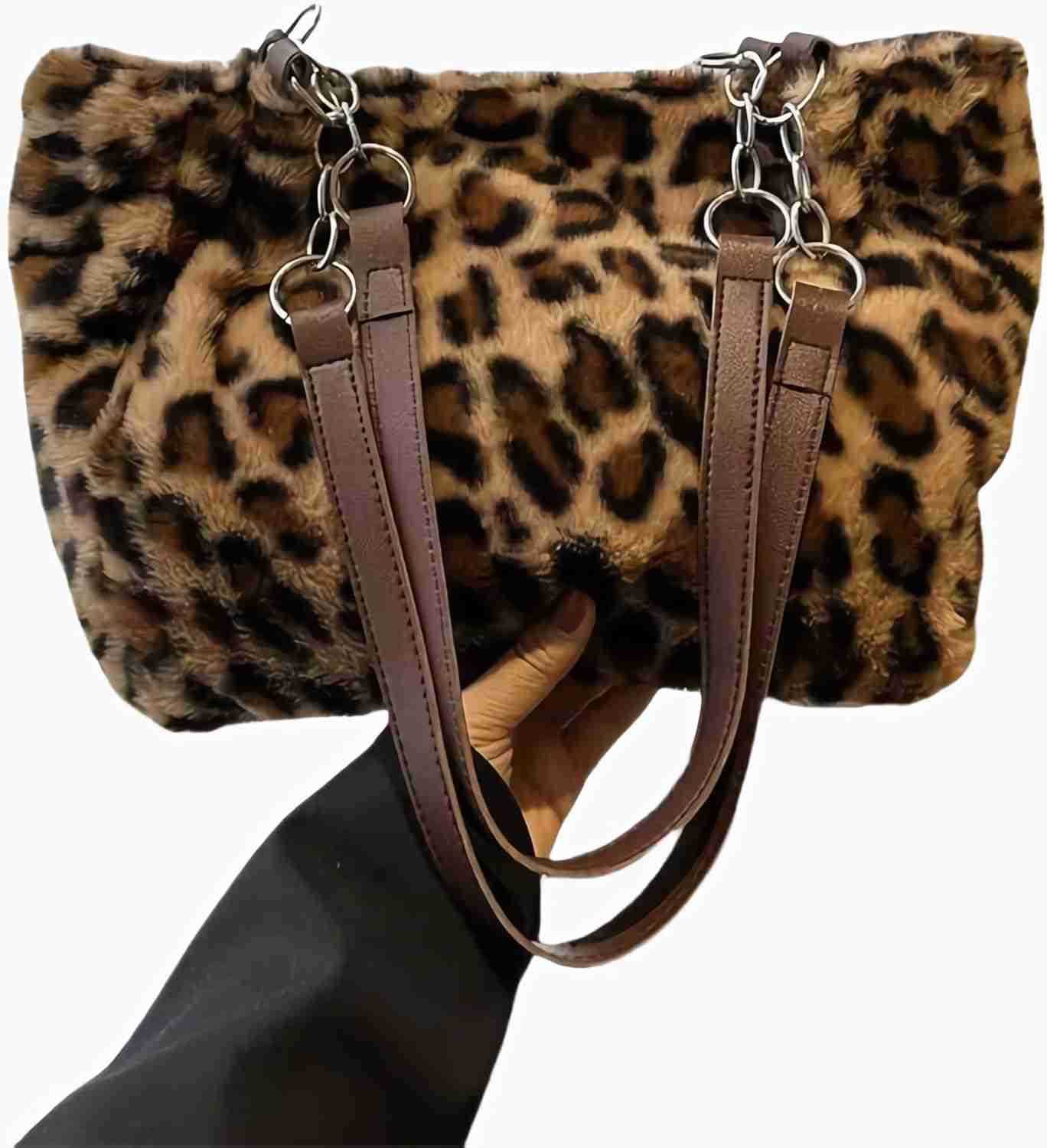 Faux Fur Leopard Print HandbagY2K Furry Fur PurseChain Fuzzy Strap Cheetah Print Shoulder Tote Bag For Women Gift C260116