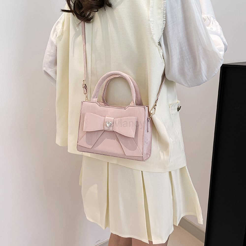 Ladies Bow Handbag with Crystal Heart Detail PU Leather Small Crossbody Purse with Top HandleW250913