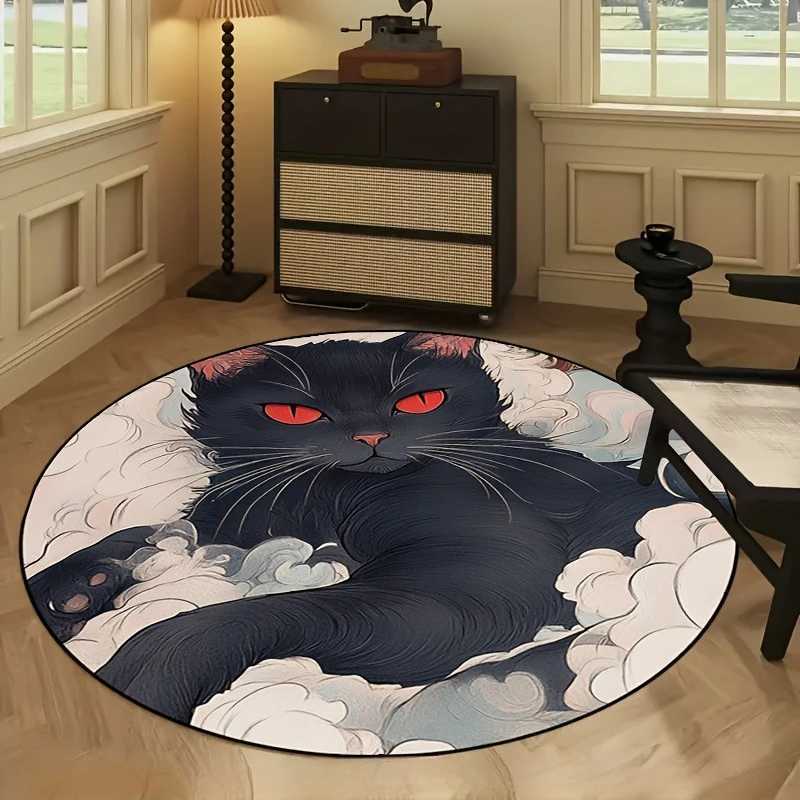1pc round rug in crystal velvet fabric with black cat pattern suitable for entryway living room bedroom terrace and garden C250913