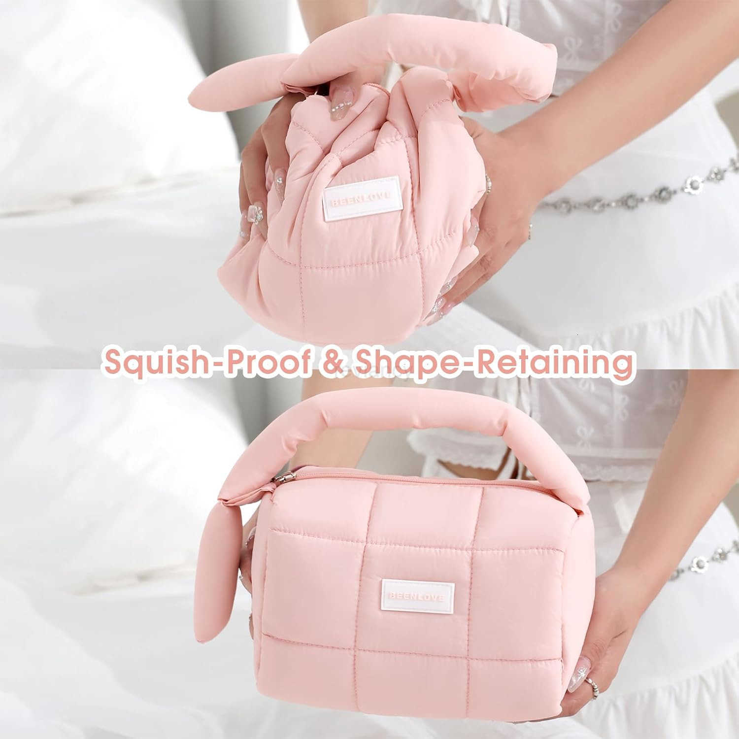 Cute Puffy Makeup Bag with Handle Quilted Cosmetic Organizer Bag Waterproof Travel Toiletry Pouch Portable Handbag with Zipper for Women and Girls Pin