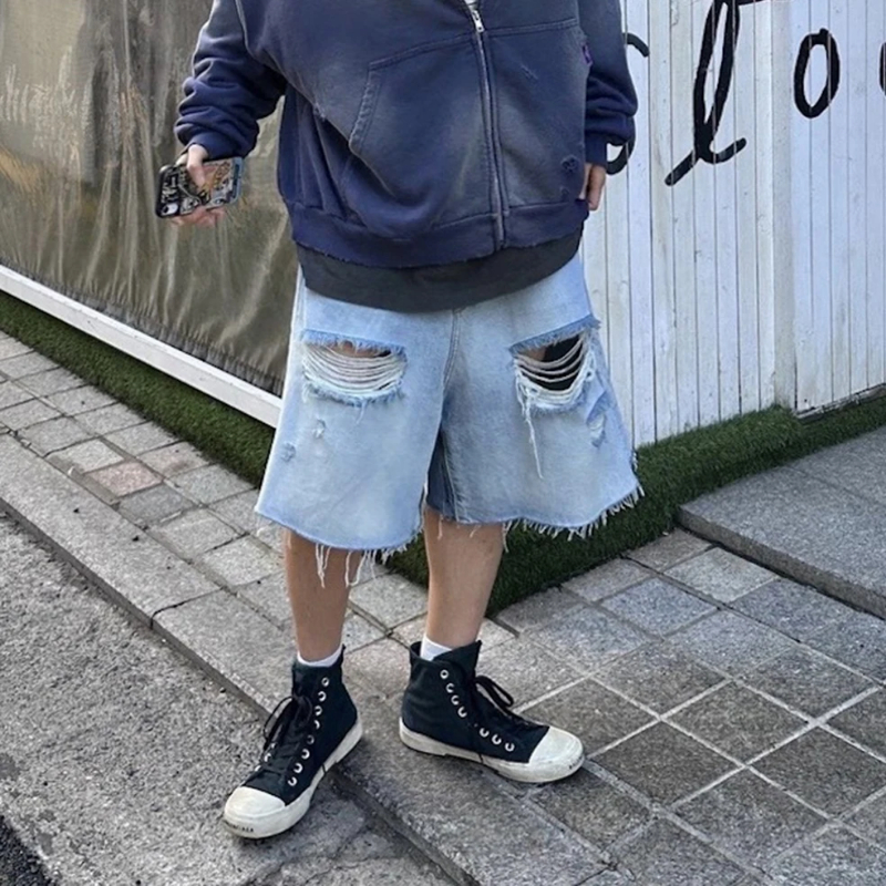 Vintage Summer Light blue Washed Hole Baggy Denim Shortsfor Men and Women Wide Leg Casual Jeans Oversized Ripped Overknee Pants