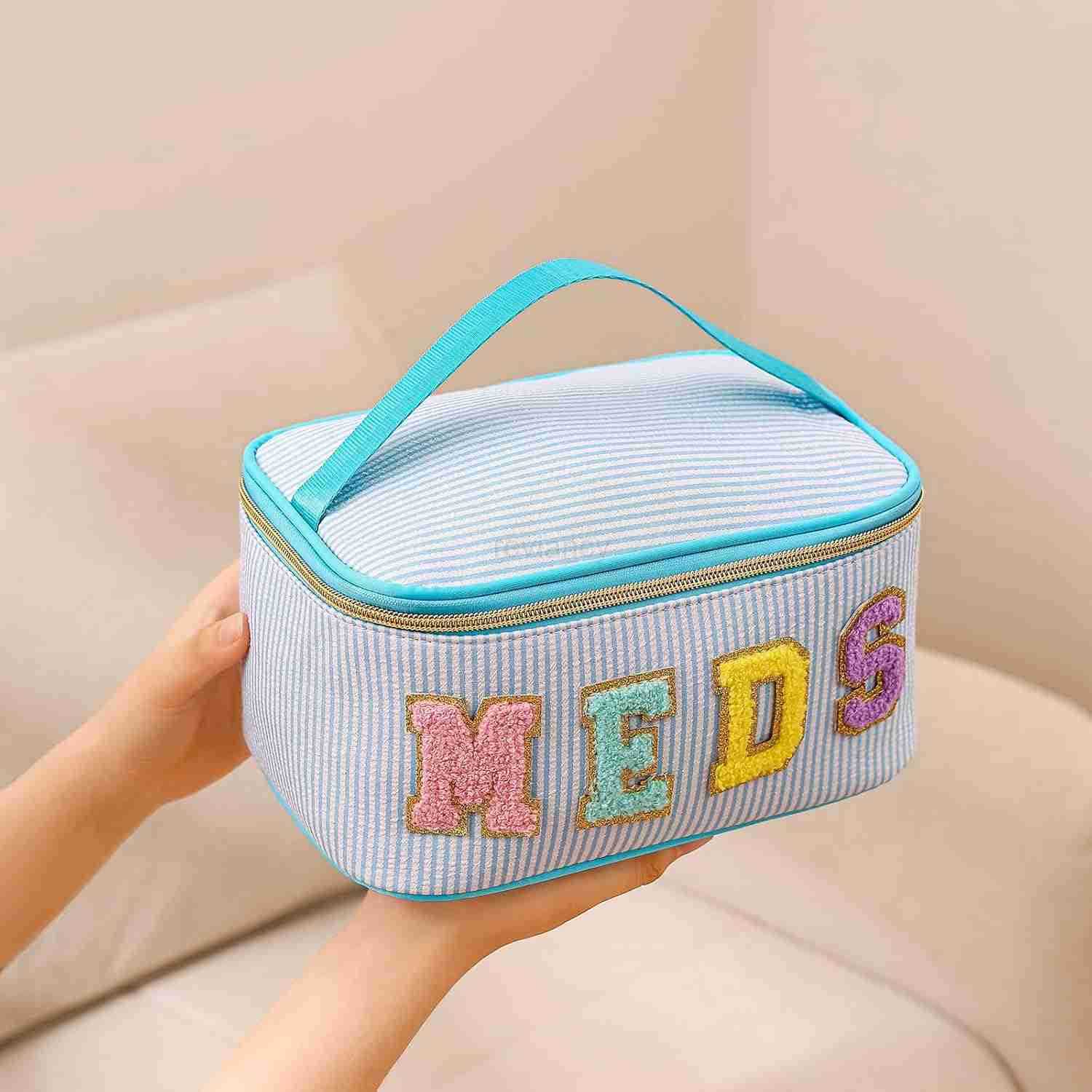 Letter MEDS Makeup BagLarge Size Striped Medicine RX Cosmetic Bag with Top Handle Aesthetic Seersucker First Aid Travel Organizer Bag for Women Girls0