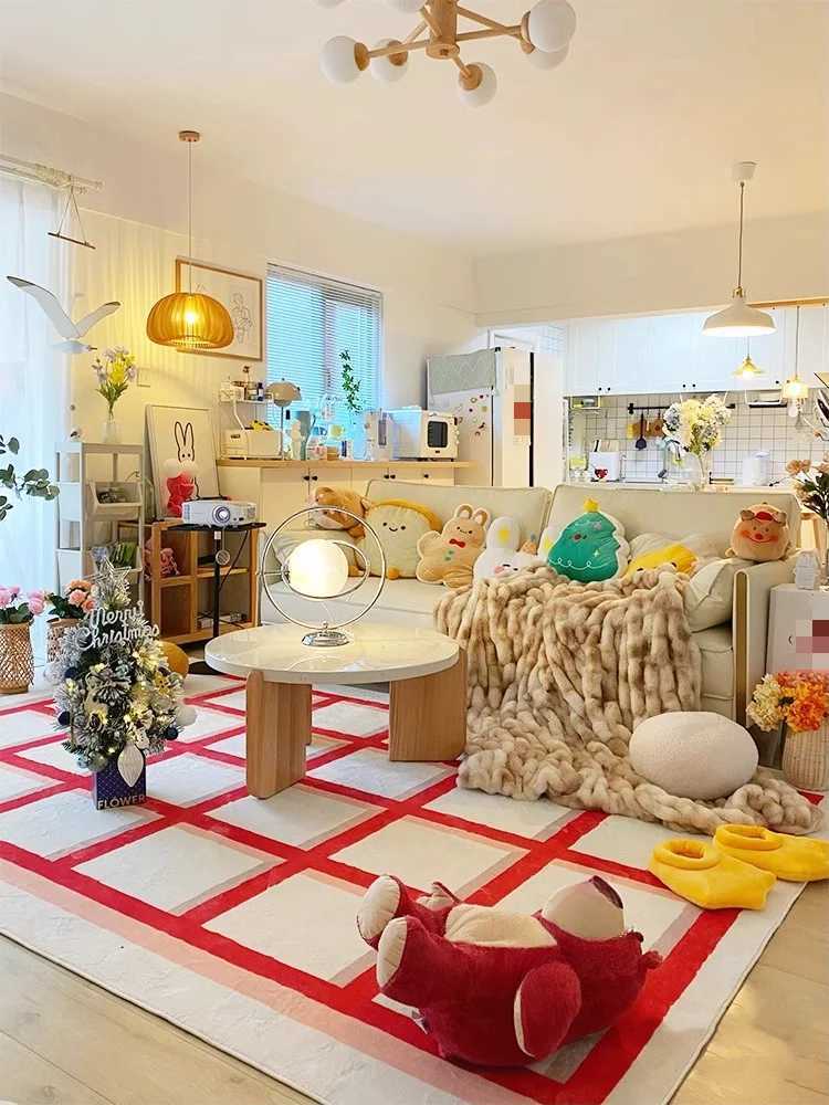 Red White Plaid Carpet Minimalist Pink 3D Checkerboard Rugs Geometric Art Luxury Living Room Carpet Comfortable Soft Bedroom Rug C250913