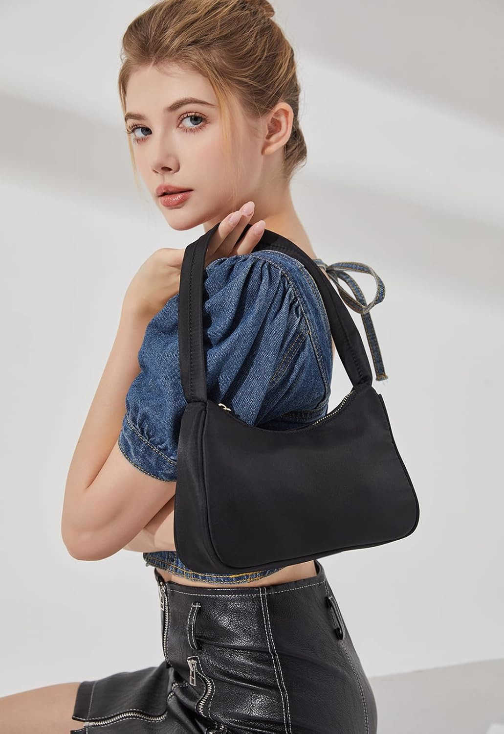 Small Nylon Shoulder Bags for Women Elegant Feminine Mini Handbags with Zipper ClosureW250913