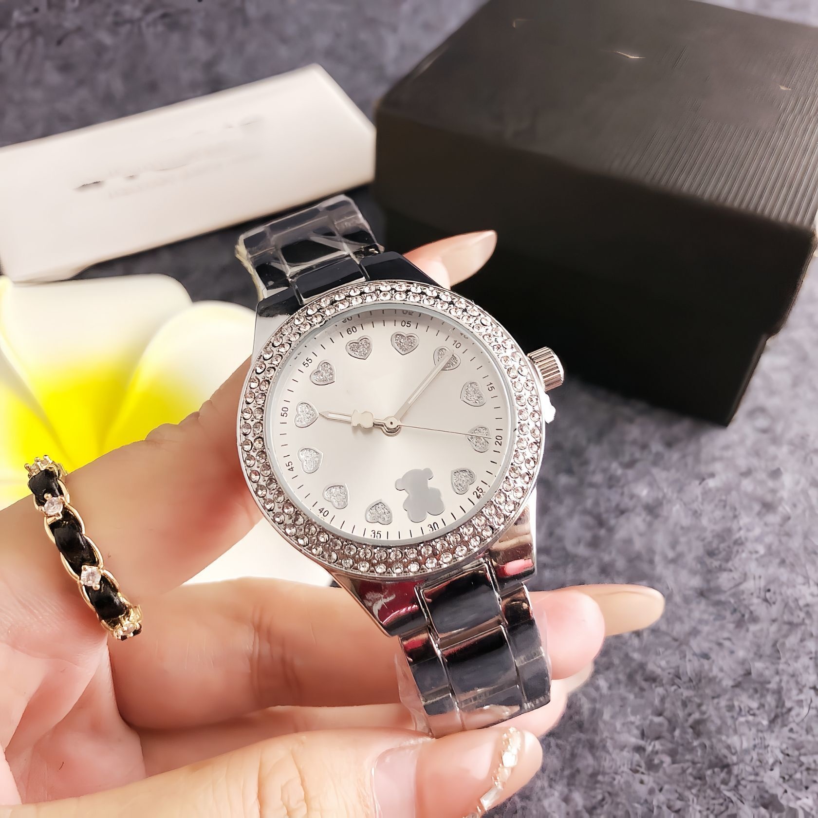 Hot Fashion Women Men Silver Rose Gold Pink Stainless Steel Bear White Zircon Heart Round Electronic Watch Pulsera Span Jewelry Gift