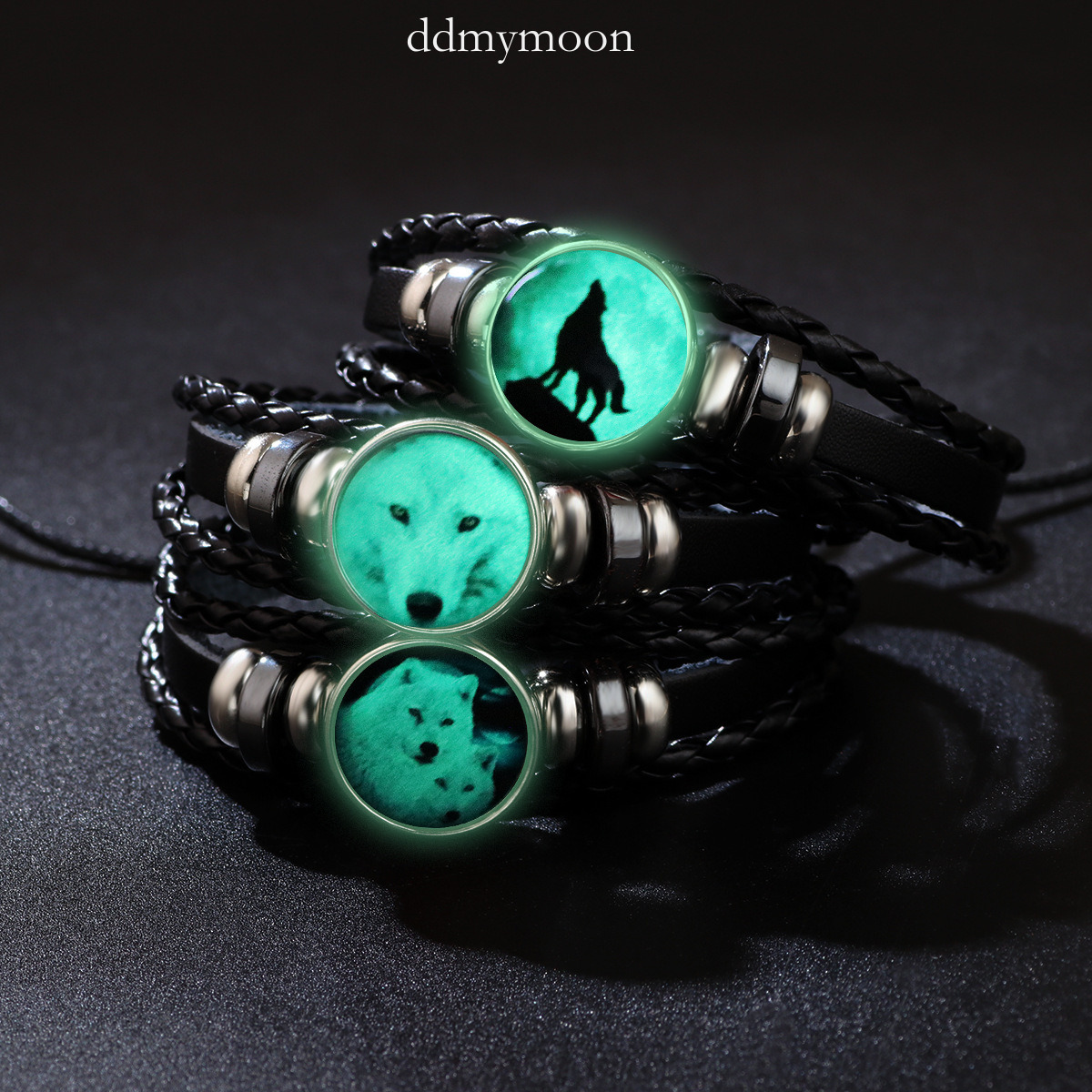New Luminous Animal Wolf Series PU Trendy Adjustable Rope Leather Bracelet for Men and Women ddmymoon