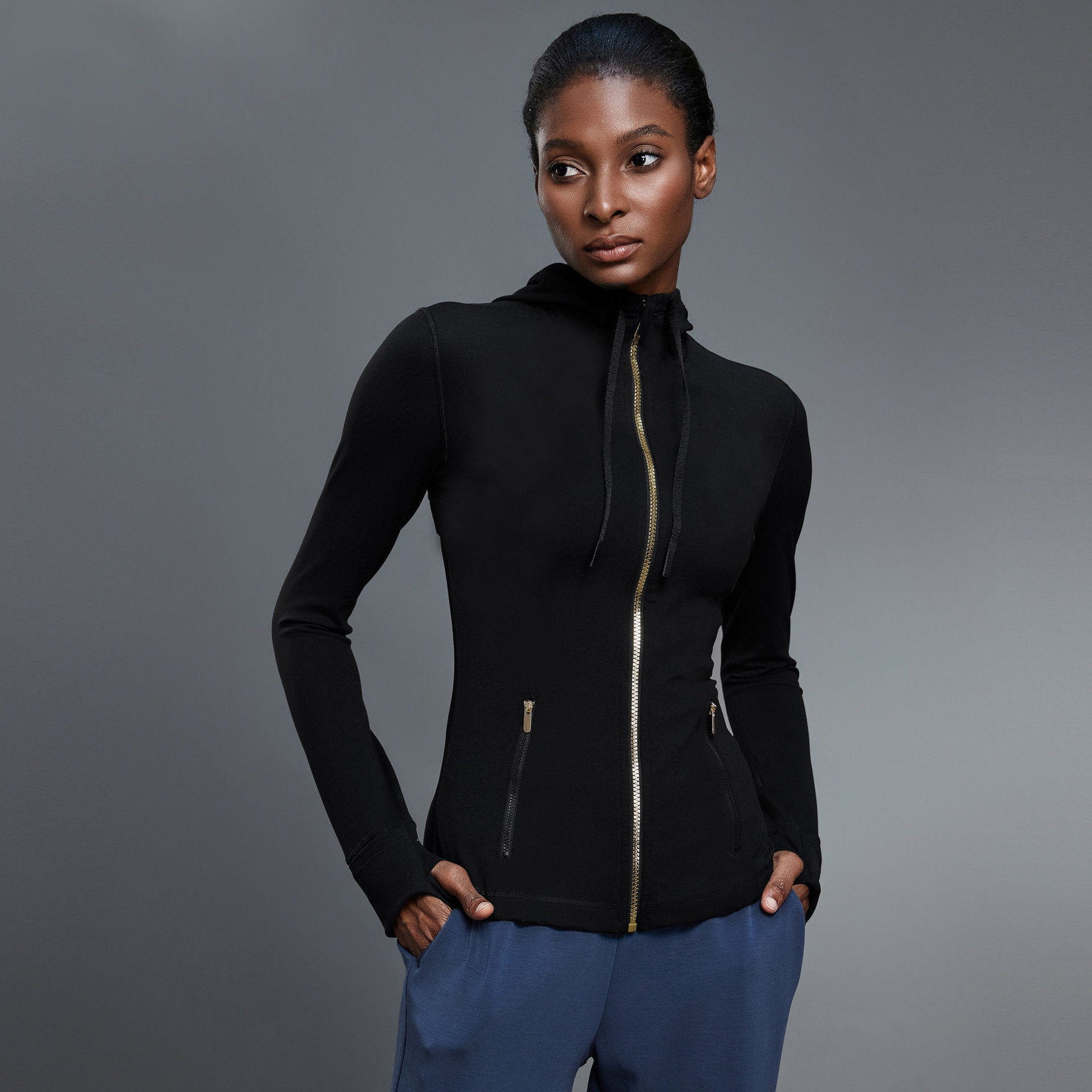 Gold Zipper Hooded Yoga Jacket Yogo Clothes With Hood Stretch Long-Sleeve Thumb Hole Training Running Sweateshirt Women Slim Fitness Hoodie Coat Sports Outfits