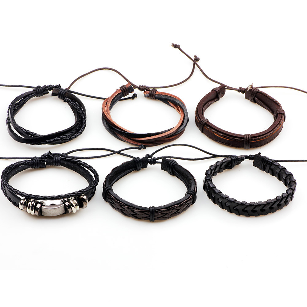 Minimalist Woven with Metal Tag Trendy Men's Leather Multi-layer Set Bracelet Jewelry ddmymoon