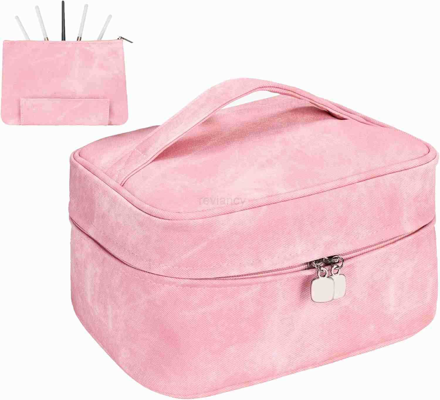 Bag Portable Cosmetic Bag Large Capacity Travel Makeup Case OrganizerStylish DenimLook Toiletry Bag for Women Girls With Handle and Removable PouchW25