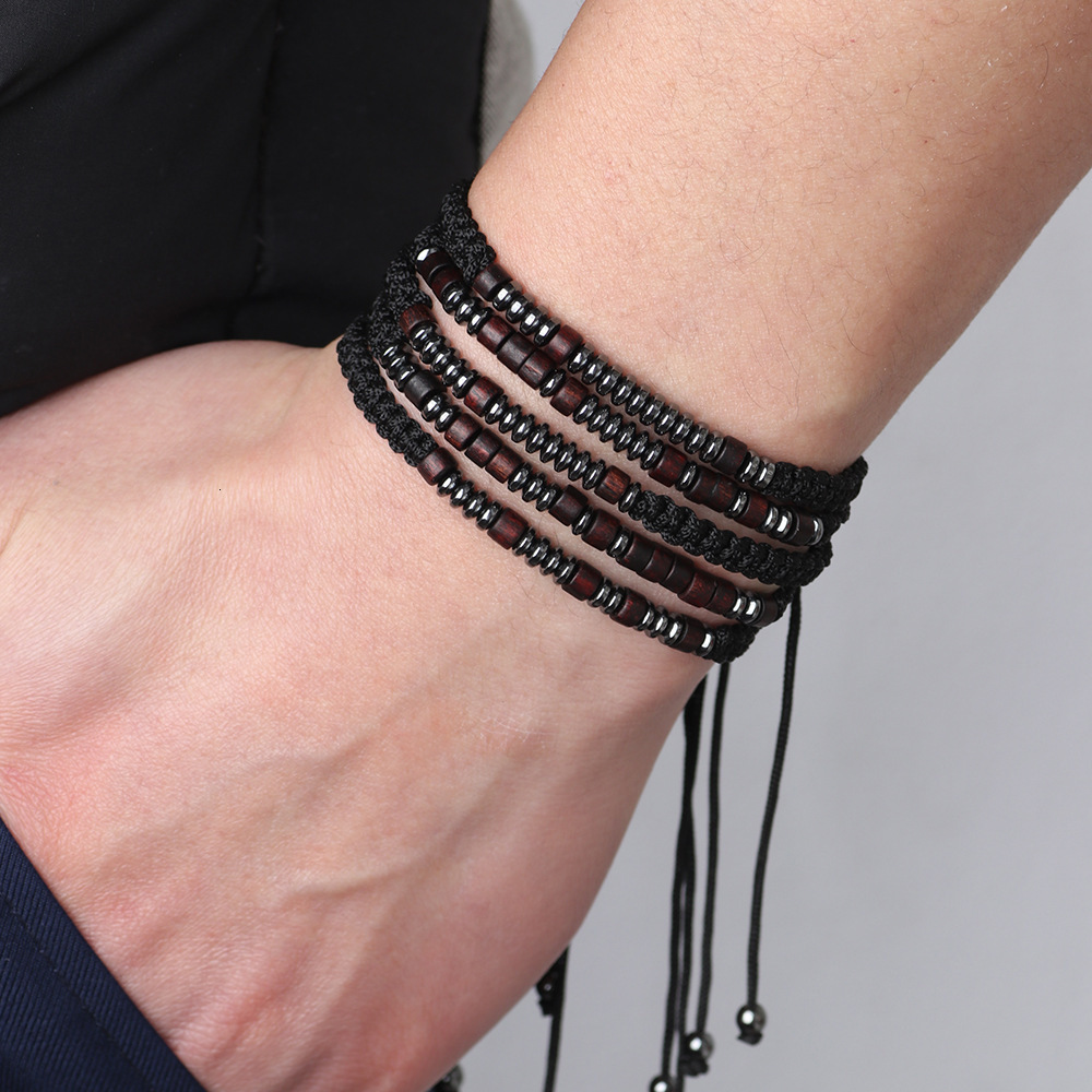 Hand-woven Morse Code Black Gallstone Wooden Bead Couple Alphabet Number Combination Bracelet for Men ddmymoon
