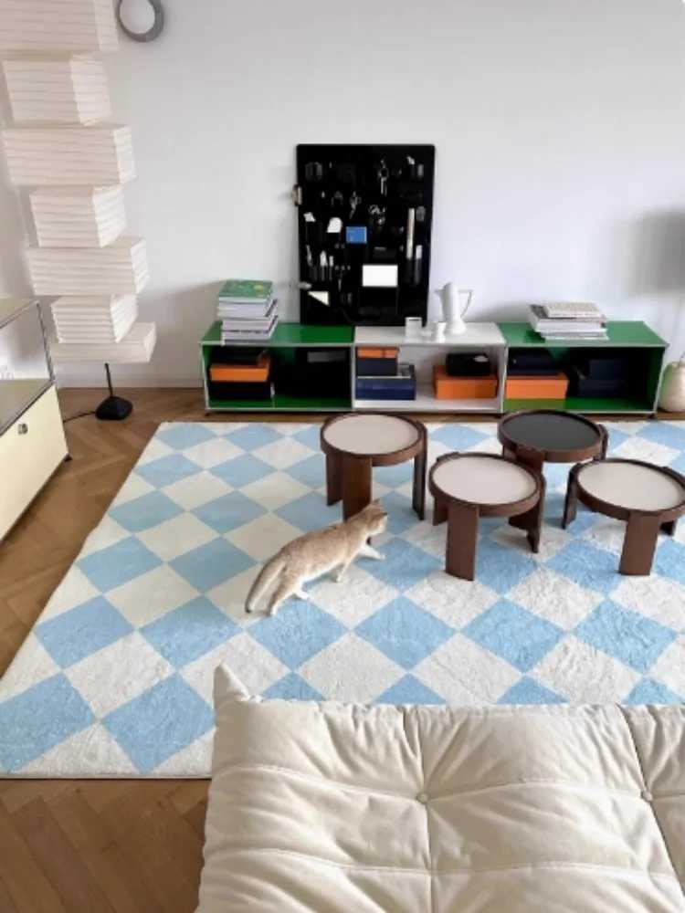 VIKAMA Blue Checkered Carpet Living Room Light Luxury French Bedroom Sofa Floor Mat Furniture Decoration C250913