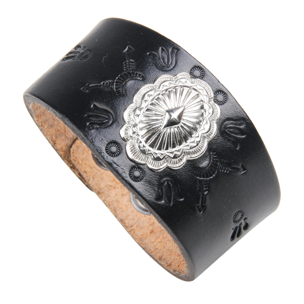 Temu Cowhide Punk Style Genuine Leather Exaggerated Emed Totem Bracelet Trendy Men's Essential ddmymoon
