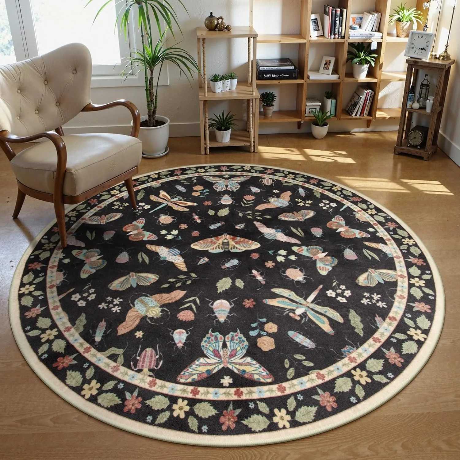 Round Living Room Carpet Green Insect Floral Carpets Home Decoration Rug for Bedroom Bedside Floor Mat Christmas Gifts C250913