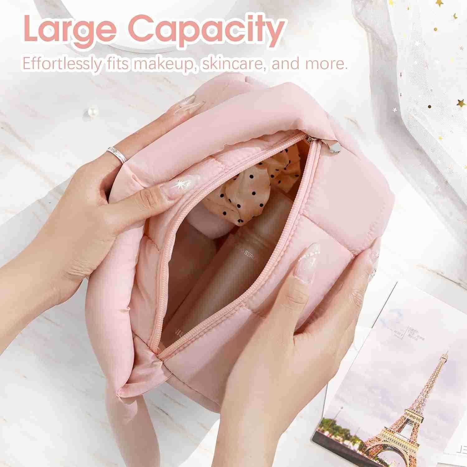 Cute Puffy Makeup Bag with Handle Quilted Cosmetic Organizer Bag Waterproof Travel Toiletry Pouch Portable Handbag with Zipper for Women and Girls Pin